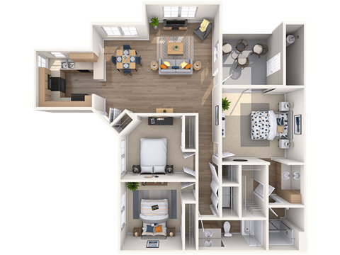 A detailed 3D floor plan of a modern apartment layout.
